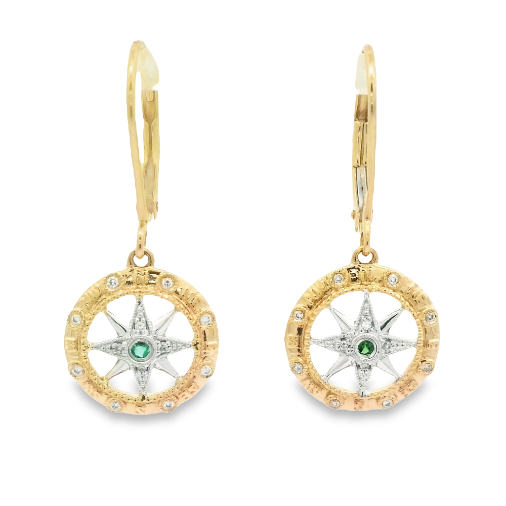 14k 2-Tone .06cttw Diamonds With .02cttw Emerald Compass Rose Lever Back Earrings