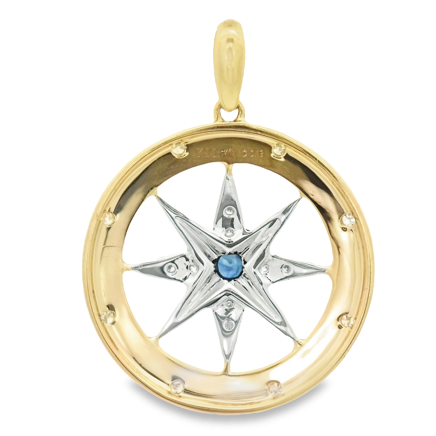 14k 2-Tone .13cttw Diamond And .06ct Sapphire Medium Compass Rose Pendant