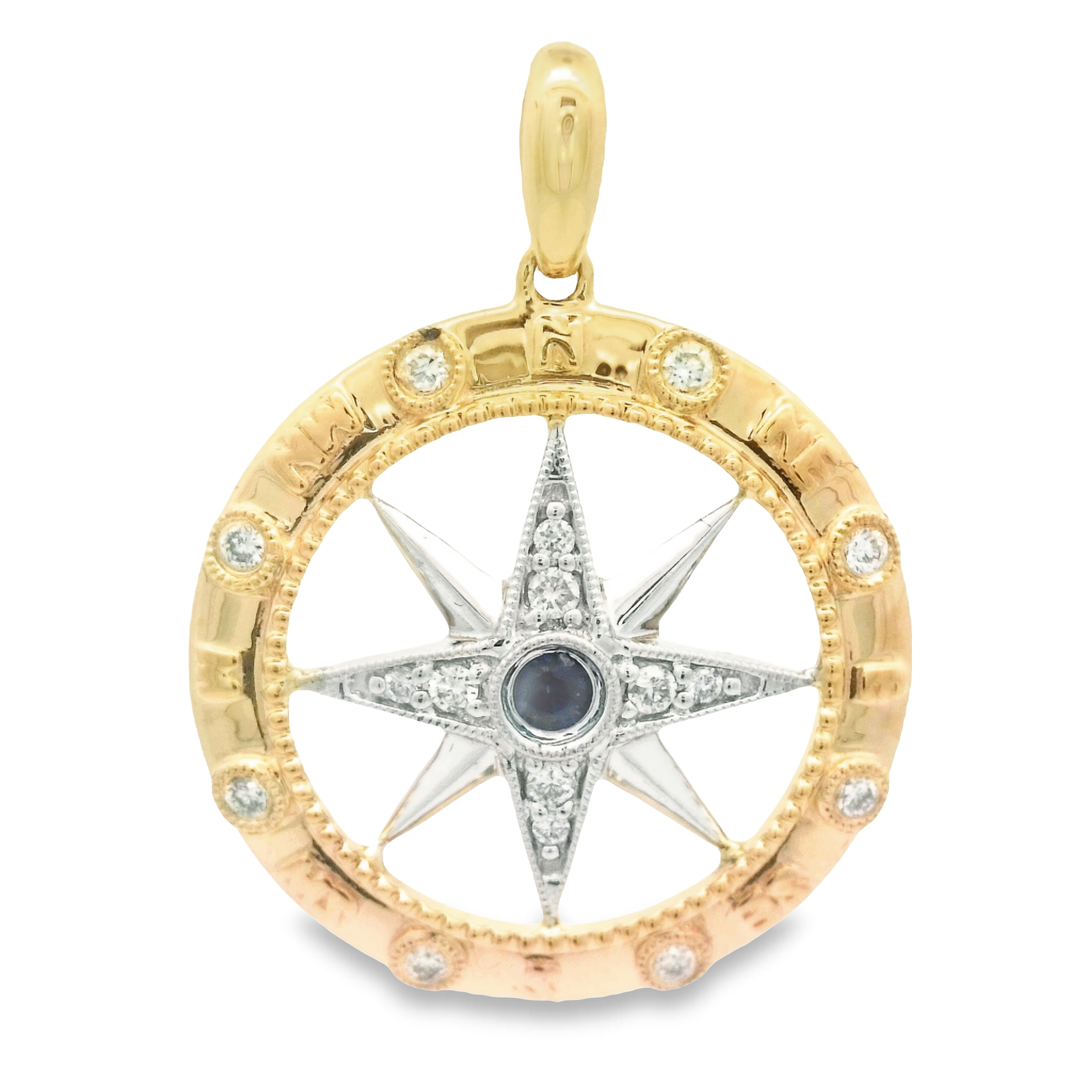 14k 2-Tone .13cttw Diamond And .06ct Sapphire Medium Compass Rose Pendant