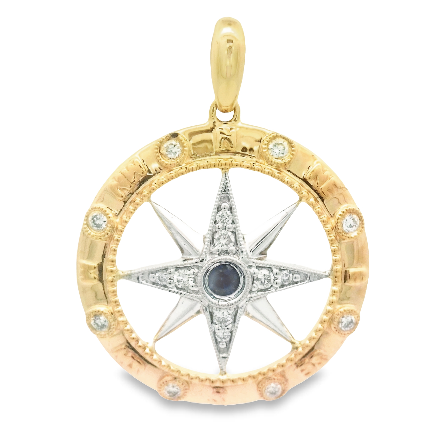 14k 2-Tone .13cttw Diamond And .06ct Sapphire Medium Compass Rose Pendant