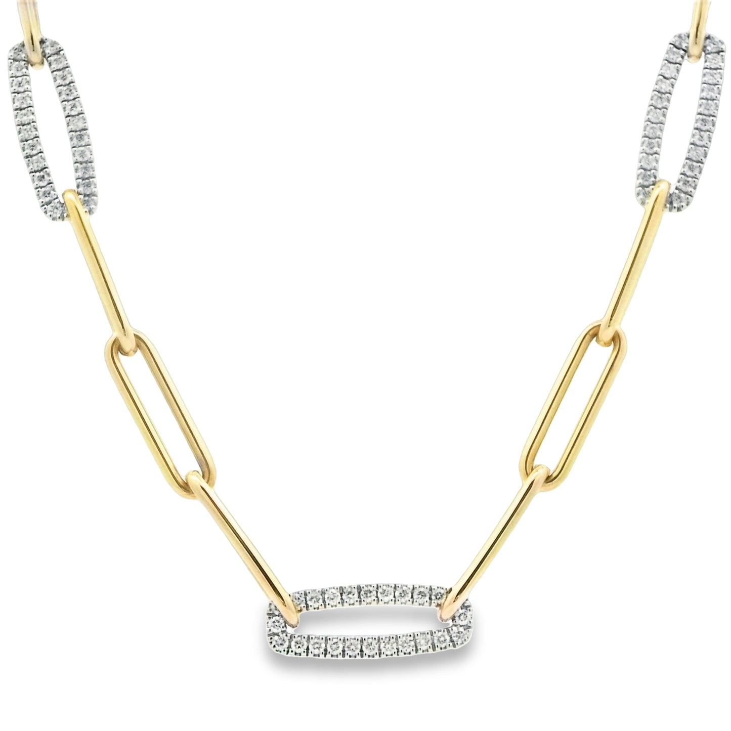 14k Yellow Gold 3 Diamond Station .75cttw Paper Clip Necklace 17" - DePaulas