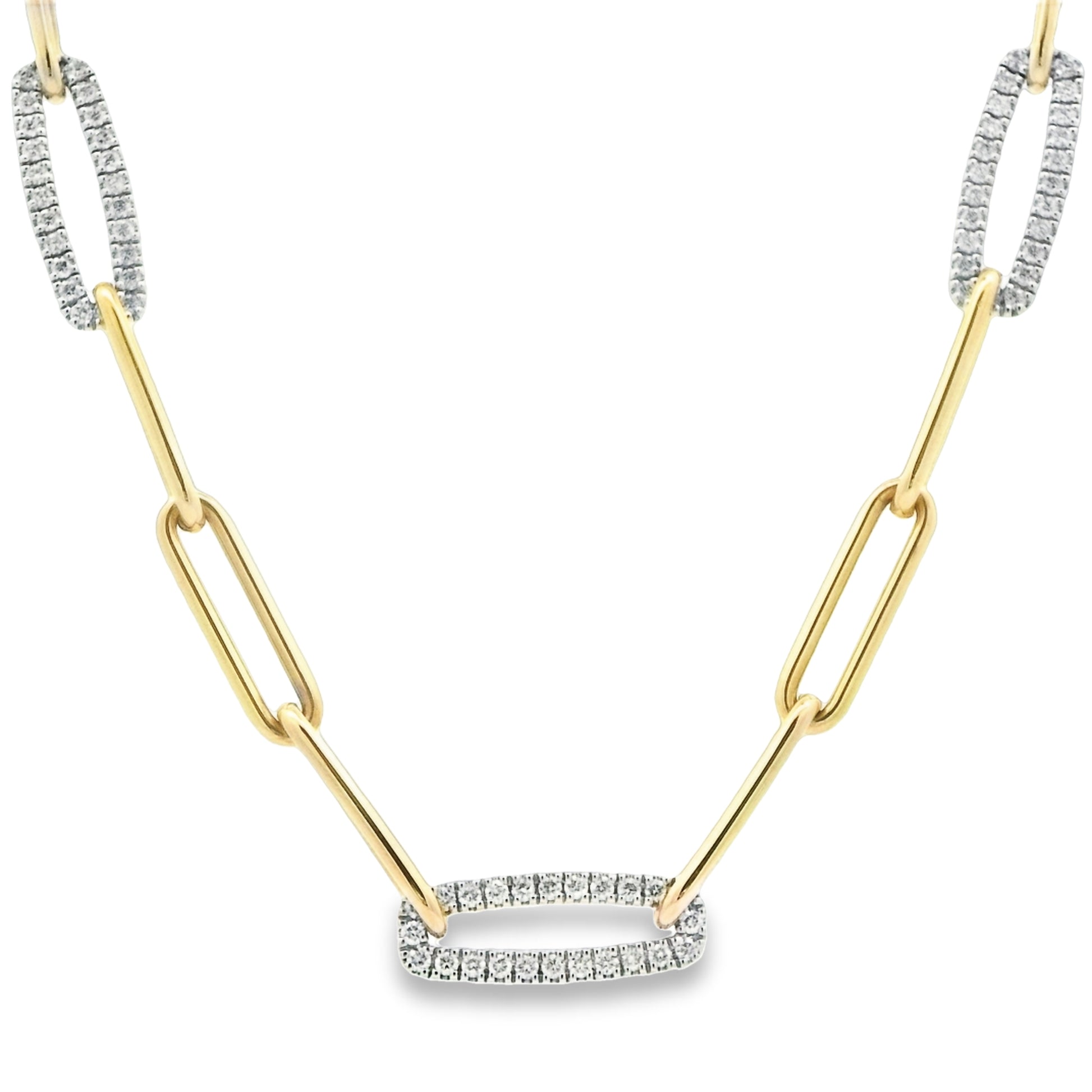 14k Yellow Gold 3 Diamond Station .75cttw Paper Clip Necklace 17" - DePaulas
