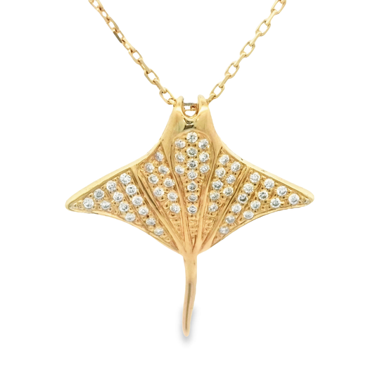 14k Yellow Gold .22cttw Diamond Manta Ray Necklace 18"