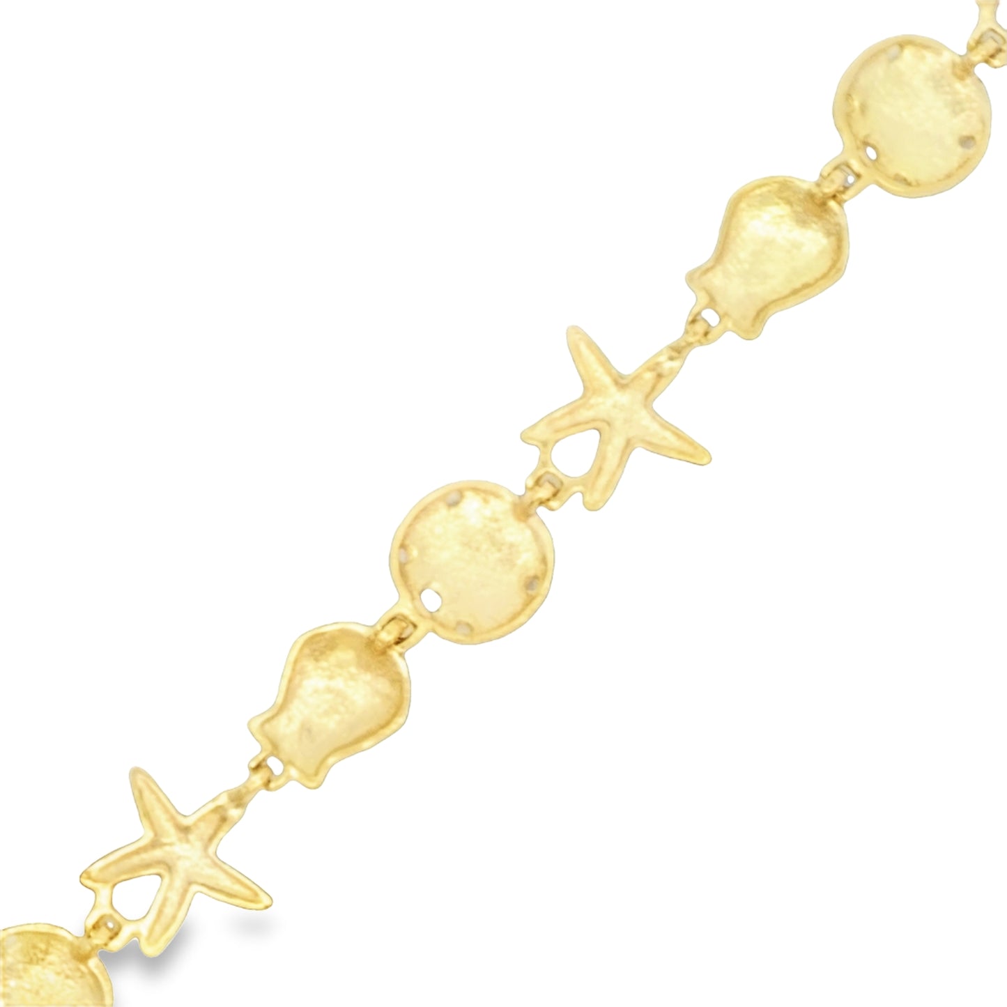 14k Yellow Gold Nautical Sand Dollar, Shell, Starfish Bracelet 7 3/4"