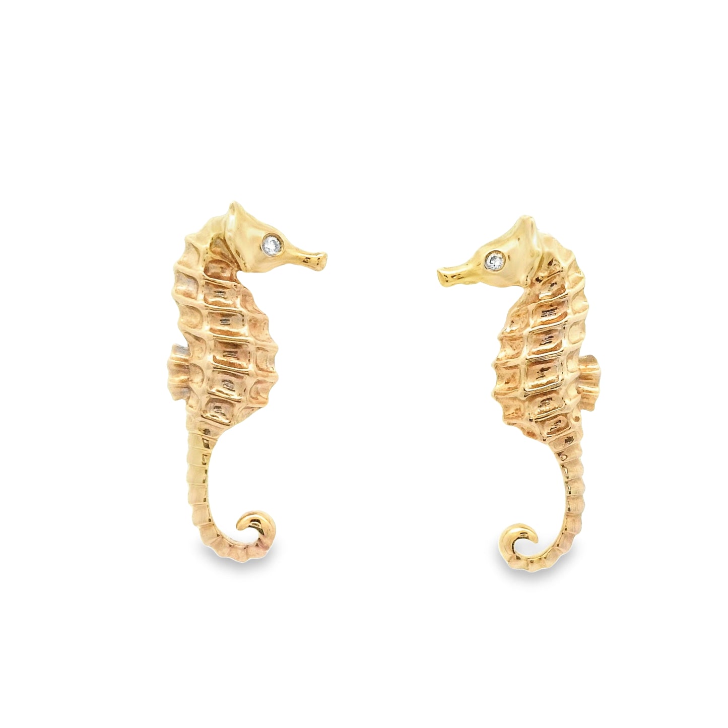 14k Yellow Gold Seahorse With Diamond Eye Post Earrings