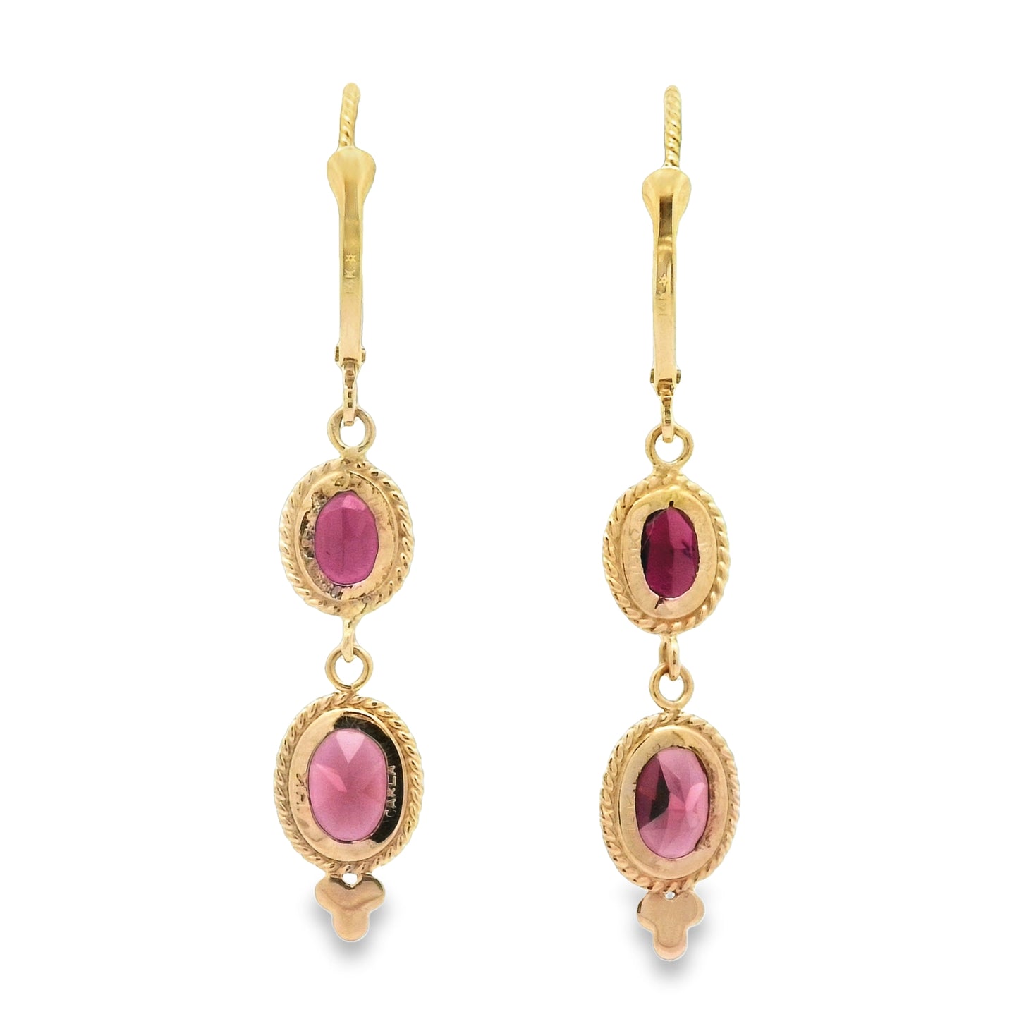 14K Yellow Gold Garnet Dangle Lever Back Earrings