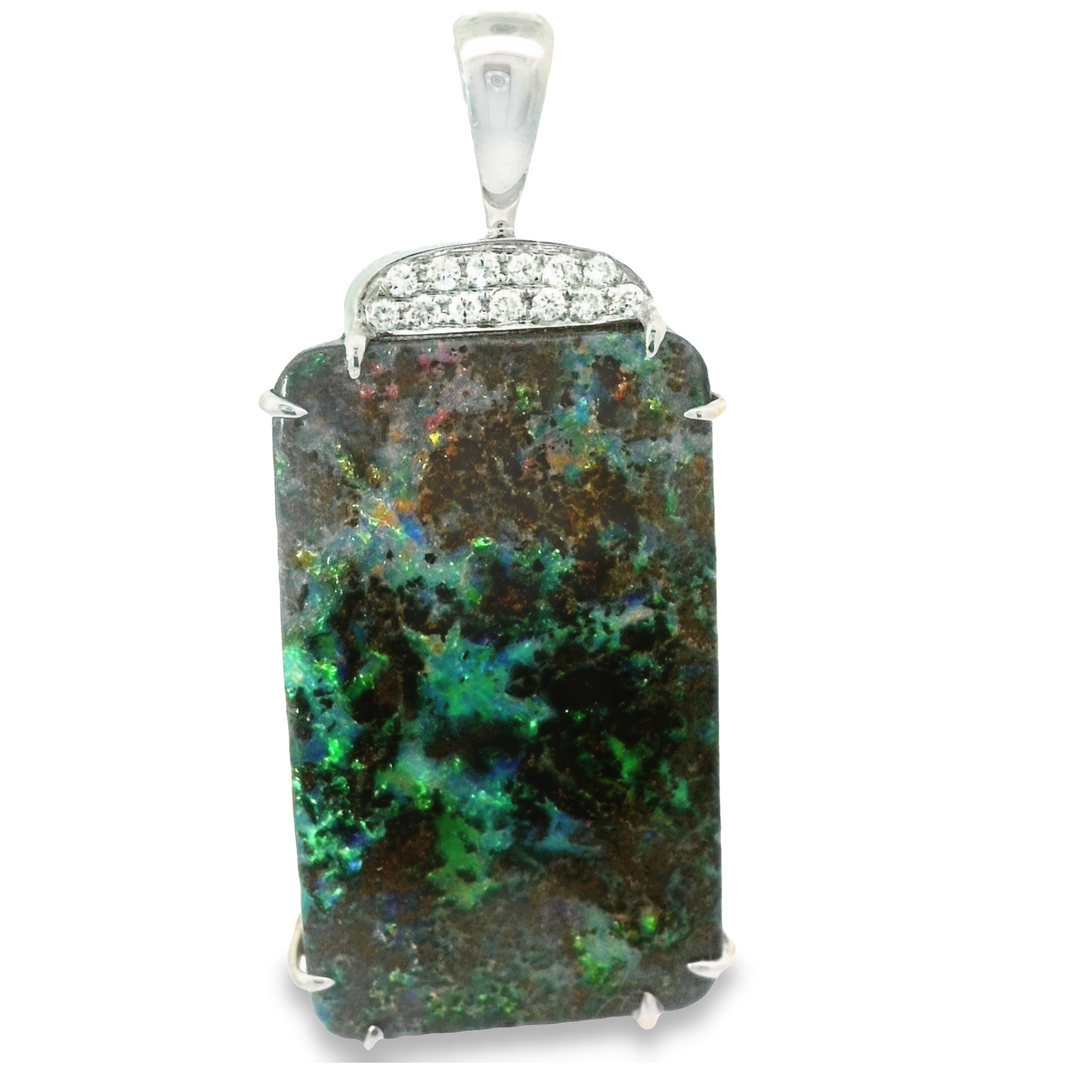 14k White Gold Boulder Opal With .11cttw Diamonds Pendant