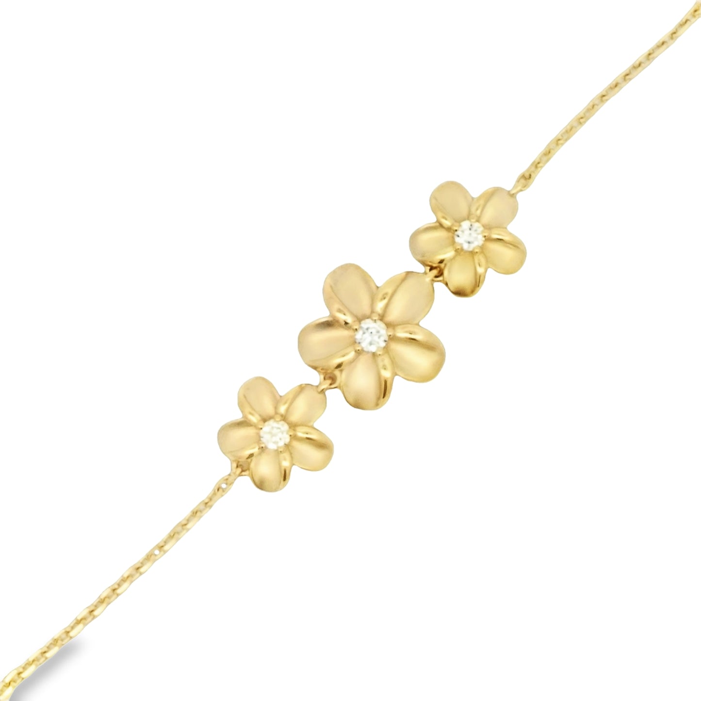 14k Yellow Gold Triple Plumeria .20cttw Diamond Bracelet 6.5-7.5"