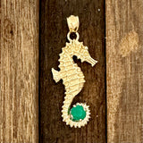 14k Yellow Gold Seahorse Holding Emerald Pendant