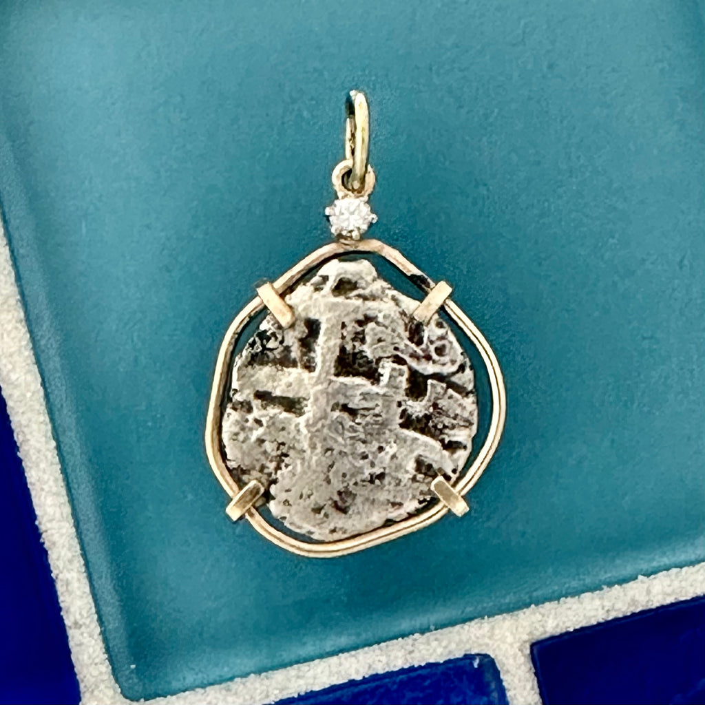 1 Reales Dated 1694 Charles II 14k Yellow Gold Bezel With Diamond .03ct  Treasure Coin Pendant