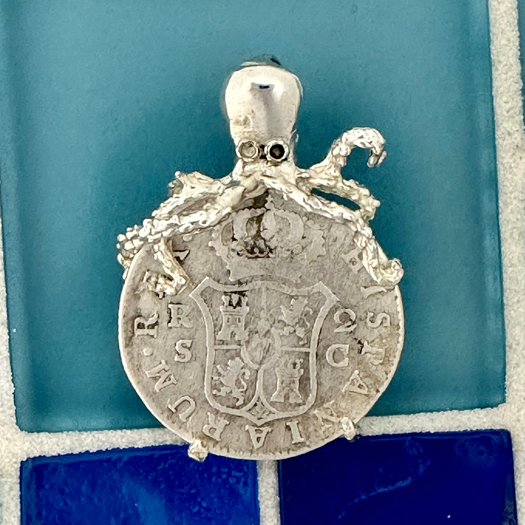 2 Reales Dated 1788 Spanish Milled Edge 925 Sterling Silver Octopus Setting Treasure Coin Pendant