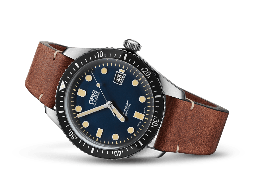 Oris Divers Sixty-Five Blue Dial Leather Band Dive Watch - DePaulas