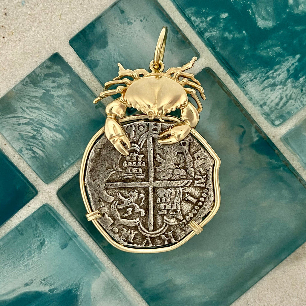 4 Reales Spain Mint Dated Circa 1580-1625 14k Yellow Gold Bezel With Crab Treasure Coin Pendant