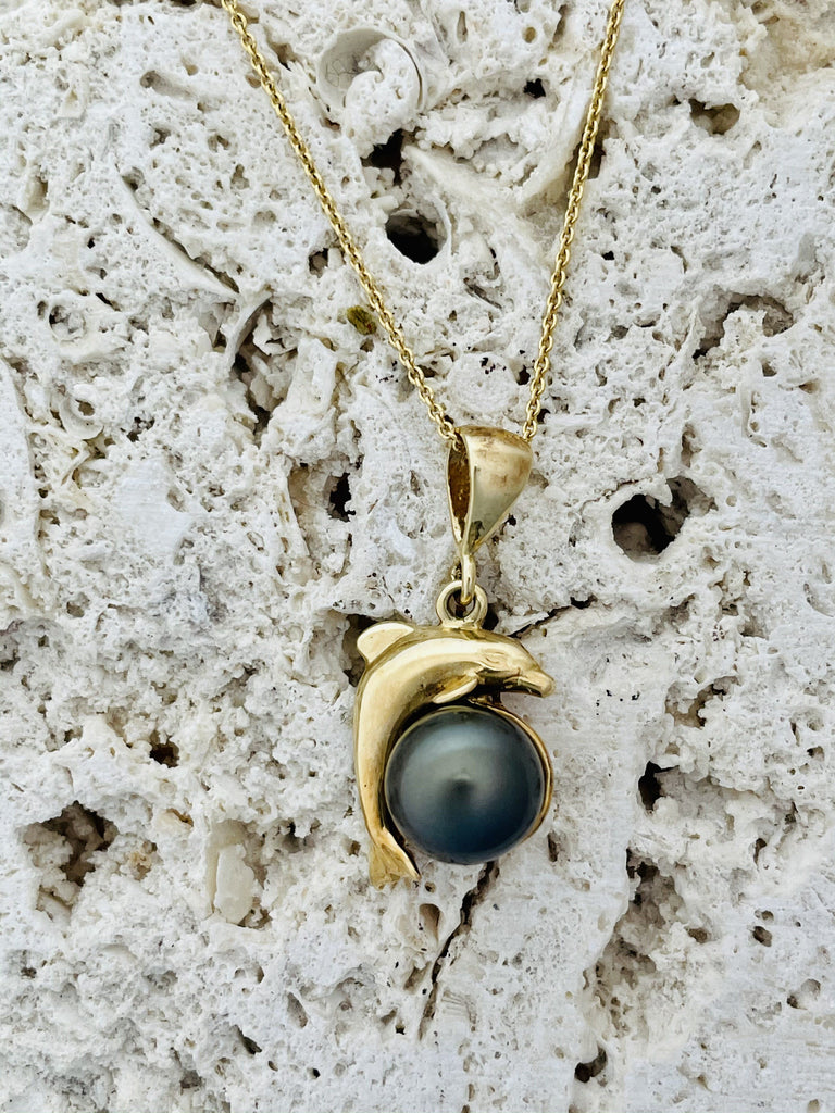 14k cultured black pearl with dolphin necklace