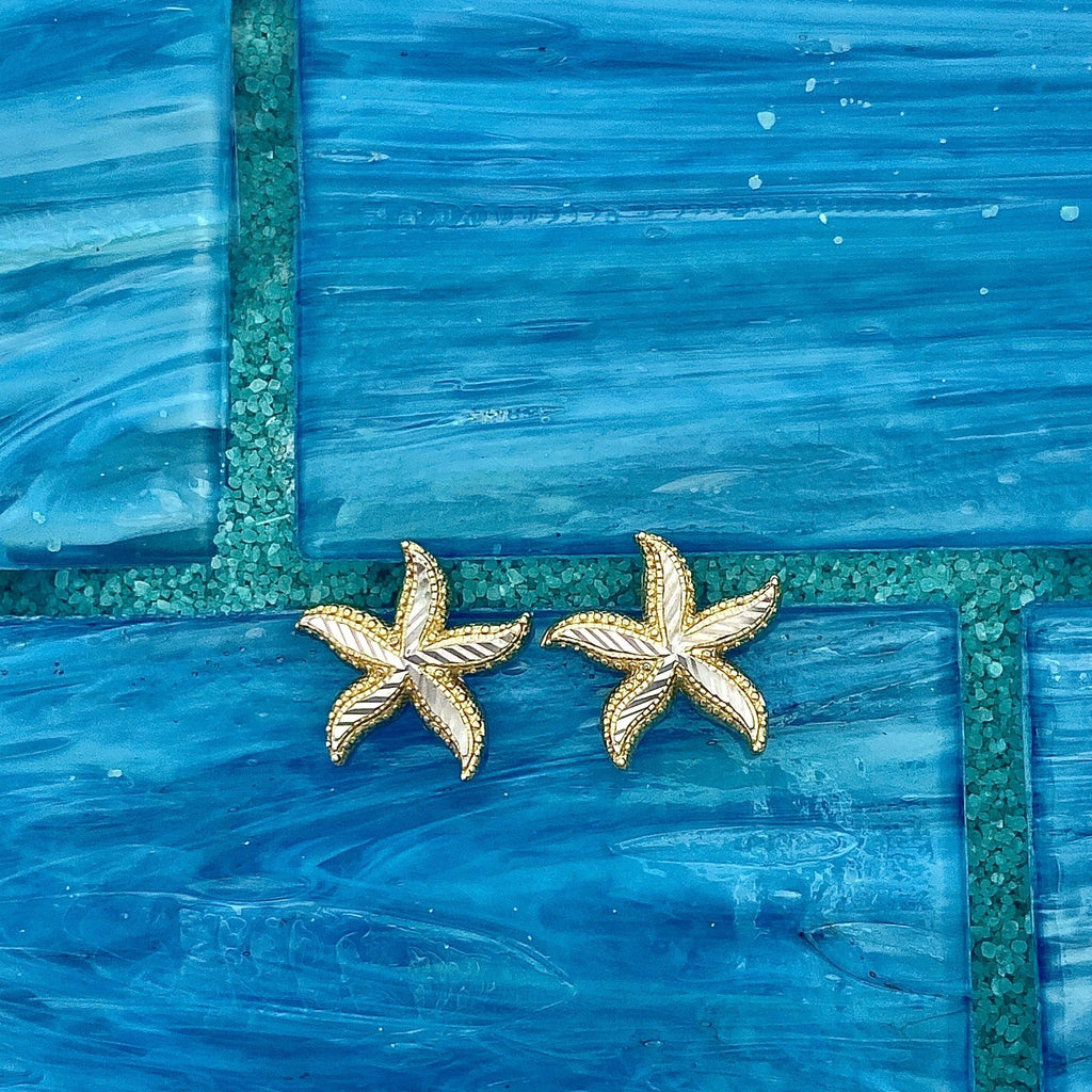 14k 2-Tone Diamond Cut Starfish Post Earrings - DePaulas