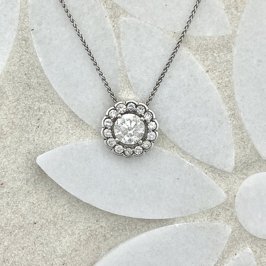 14k White Gold Diamond 1.13ct with Diamond Halo .42cttw Necklace - DePaulas