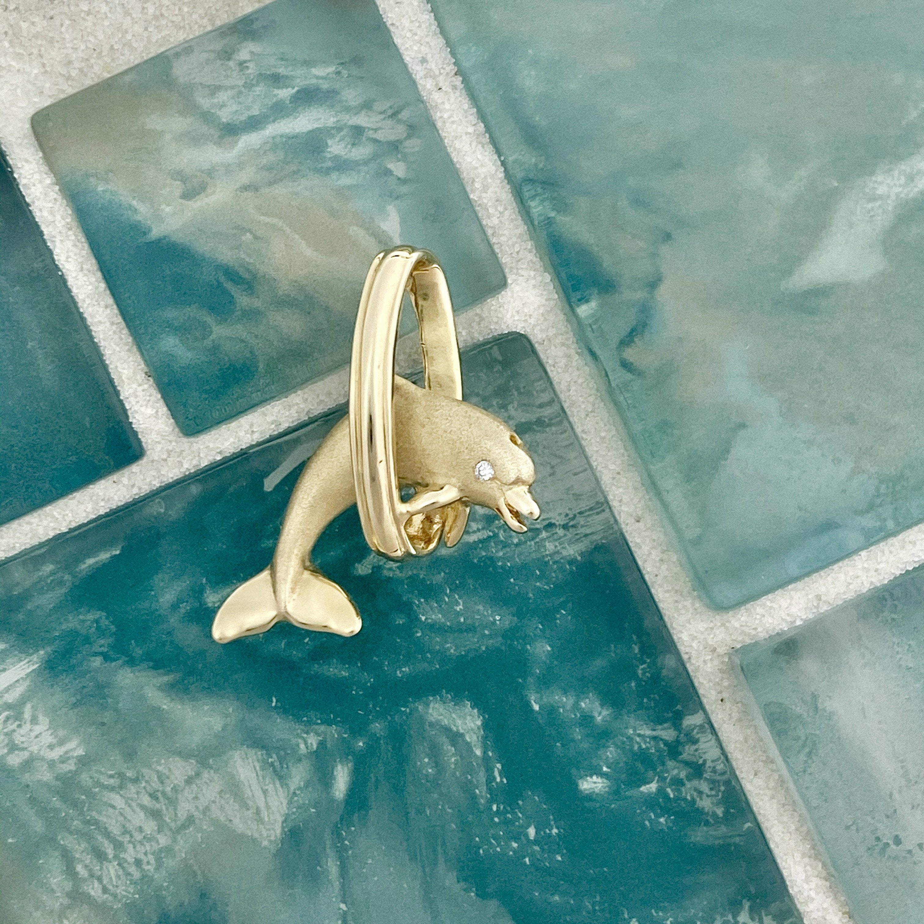 blue dolphin gold fish hook 14k Yellow Gold Dolphin Jumping Through Hoop With Diamond .01ct Eye Pe