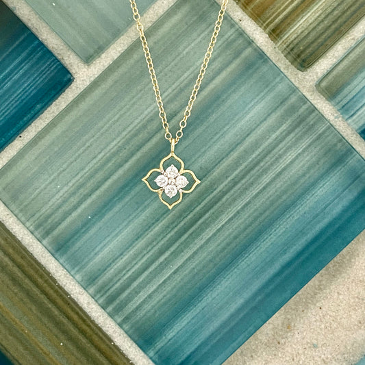 14k Yellow Gold Floral .11cttw Diamond Necklace 17.5”