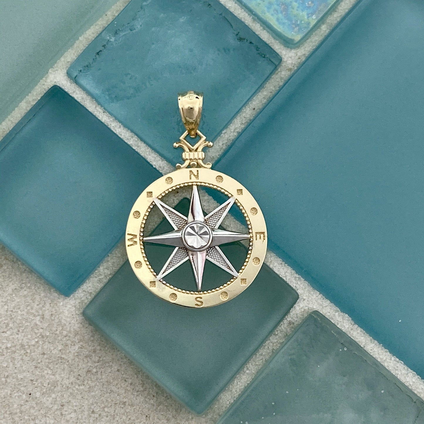 14k 2-Tone Medium Compass Rose Pendant - DePaulas