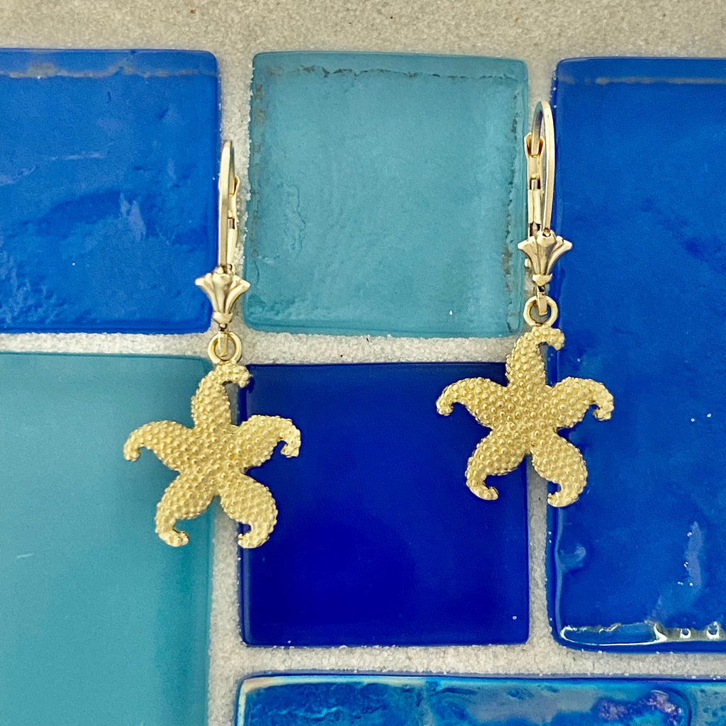 14k Yellow Gold Textured Starfish Lever Back Earrings