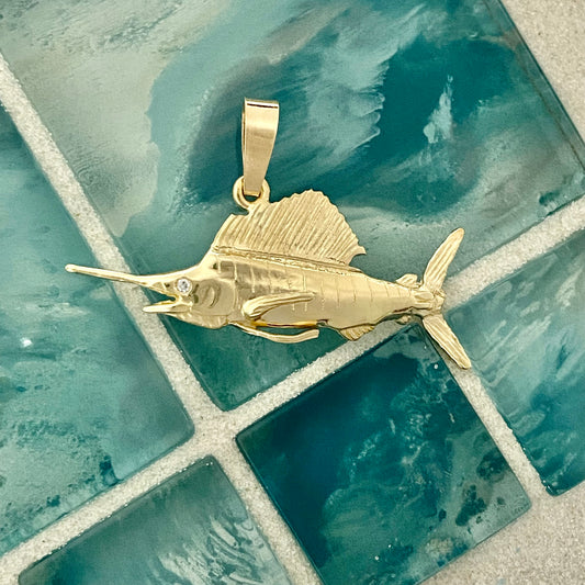 14k Yellow Gold Sailfish With Diamond Eye Pendant