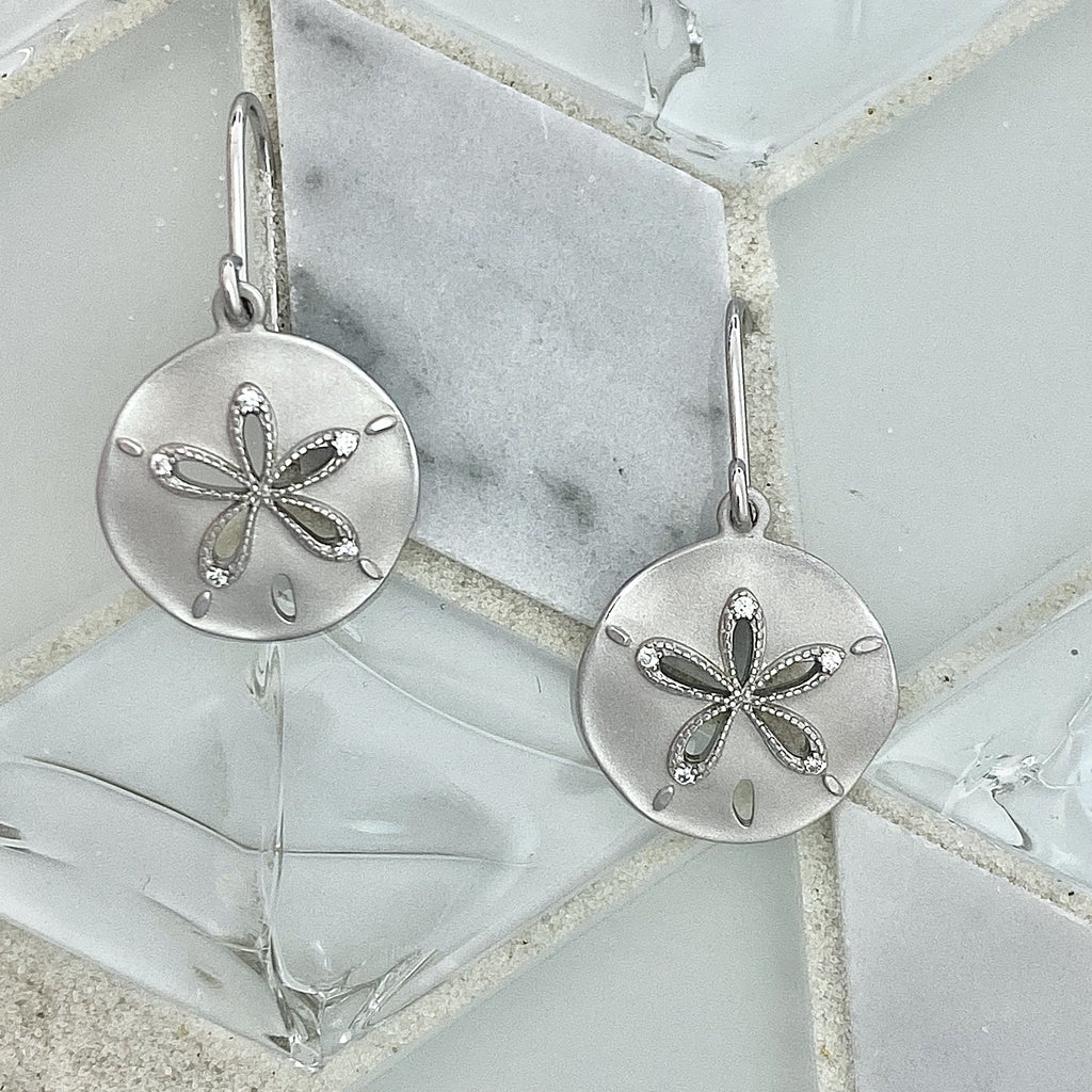 925 Sterling Silver Sand Dollar with Cubic Zirconia French Wire Earrings - DePaulas