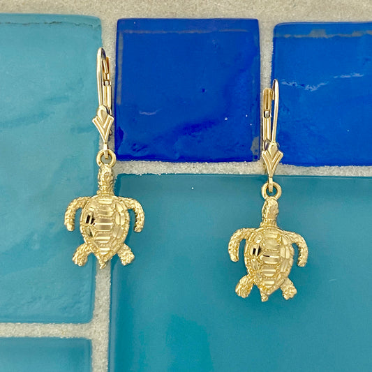 14k Yellow Gold Diamond Cut Turtle Lever Back Earrings