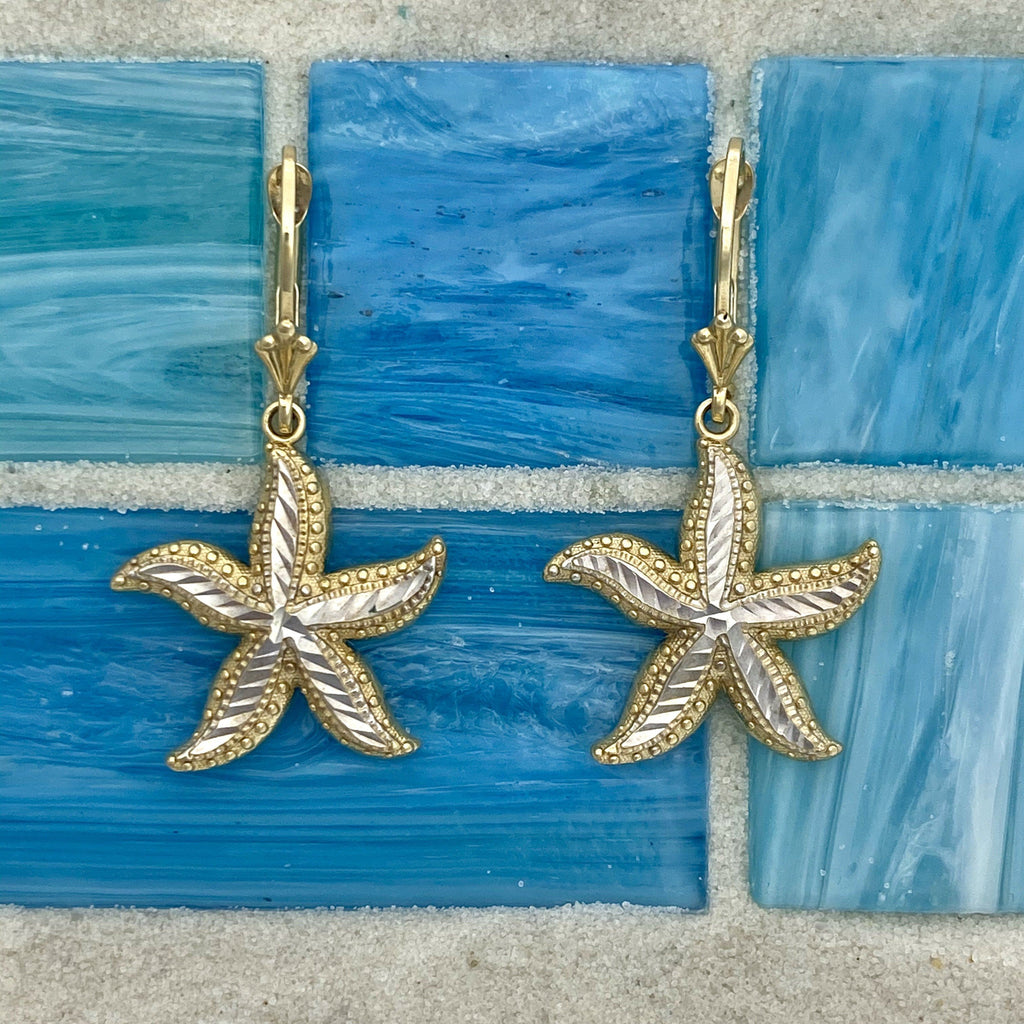 14k 2-Tone Large Diamond Cut Starfish Leverback Earrings - DePaulas