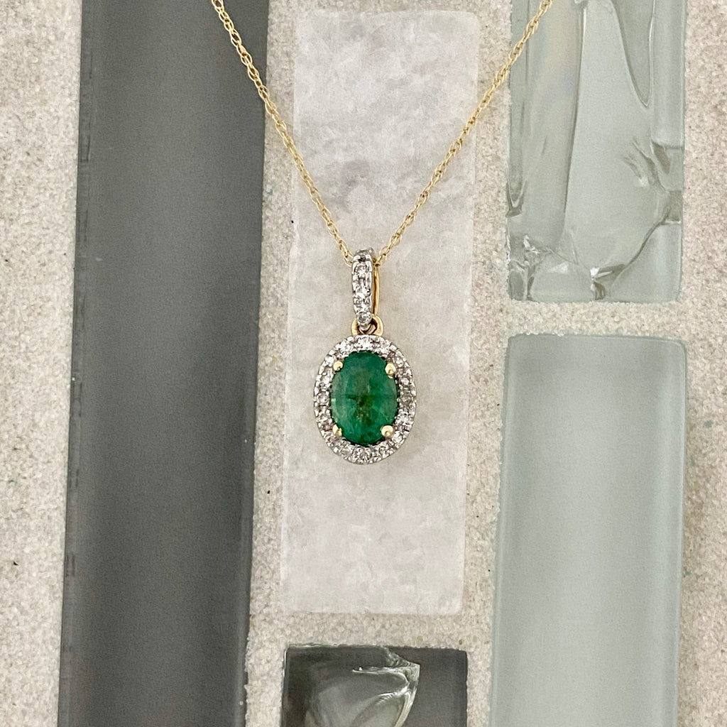 14k Yellow Gold Emerald And Diamond Necklace 18”