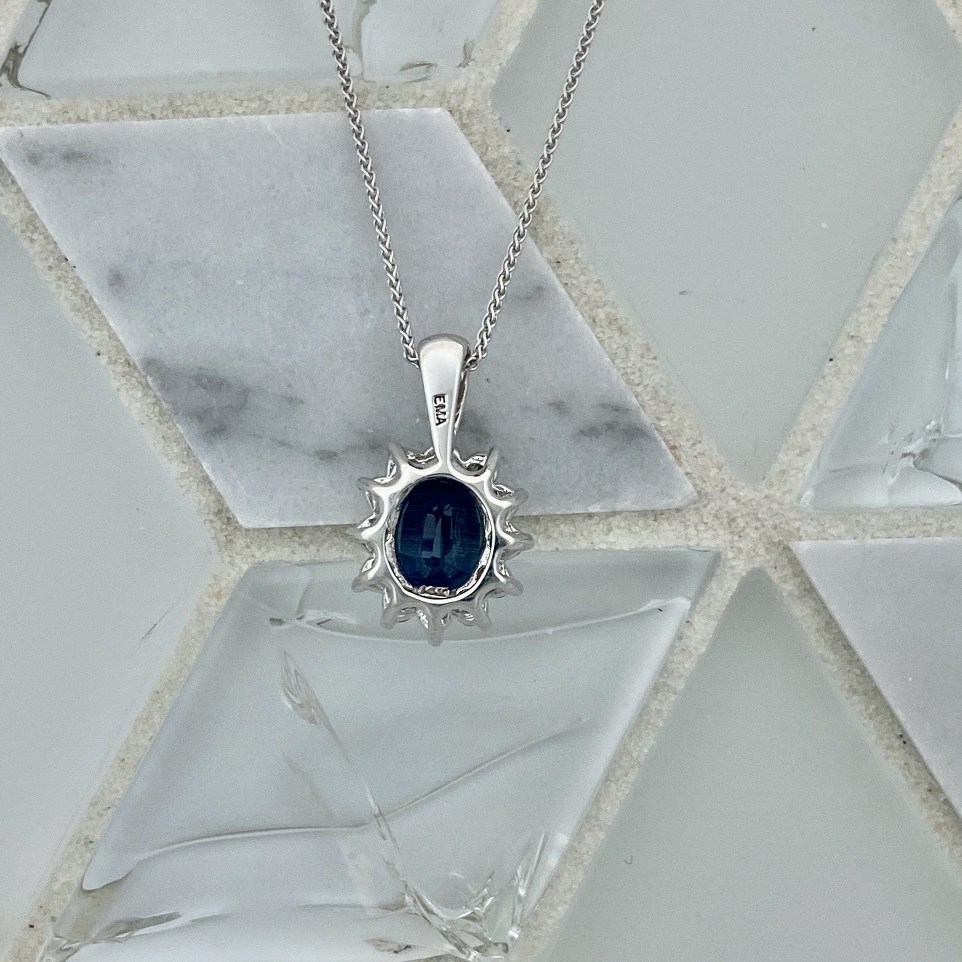 14k White Gold Oval Sapphire 1.28ct with Diamond Halo .34cttw Necklace - DePaulas