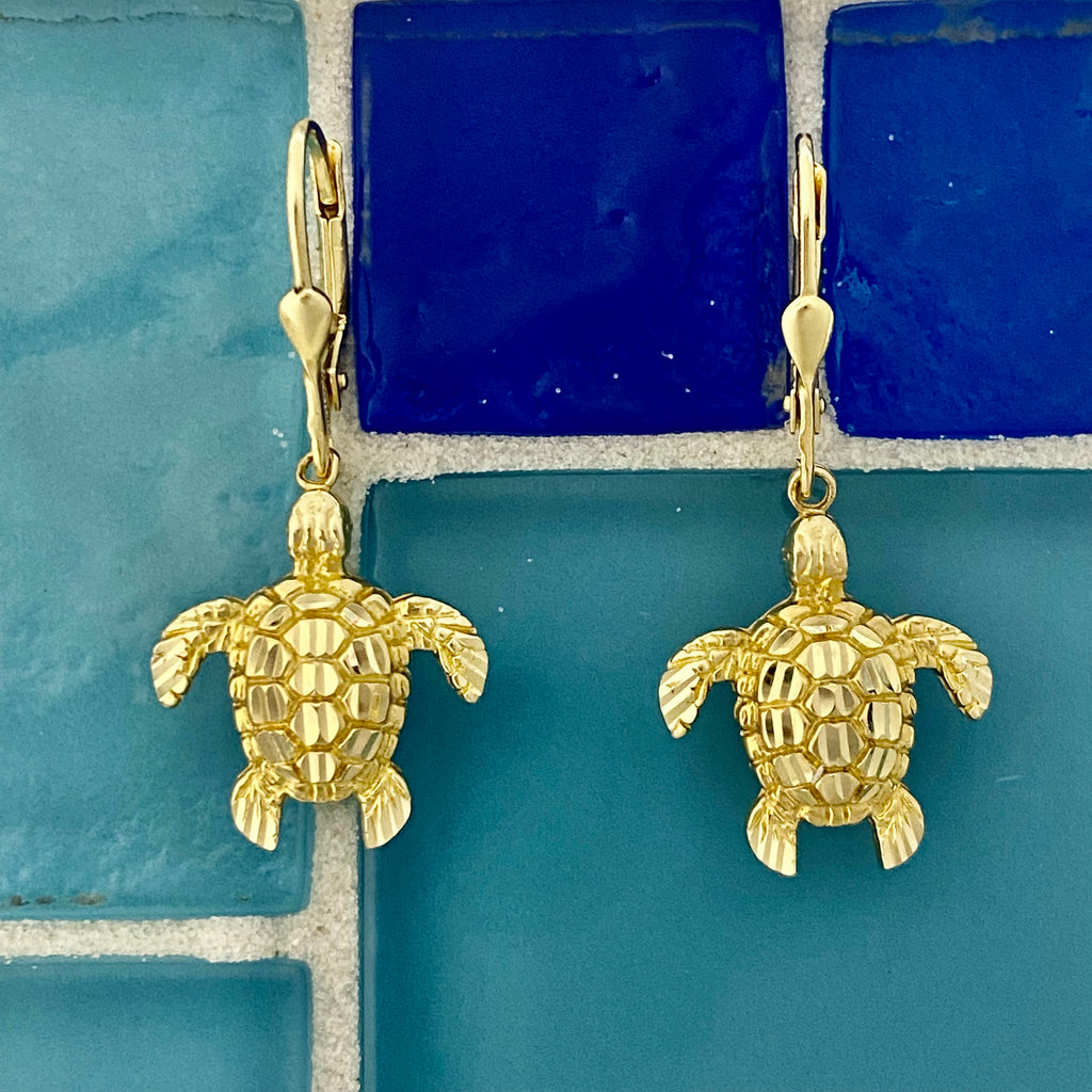 14k Yellow Gold Large Diamond Cut Turtle Lever Back Earrings