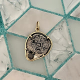 1 Reales Spain Mint Dated Circa 1580-1600 With Dint 14k Yellow Gold Bezel Black Diamond Accent Treasure Coin Pendant