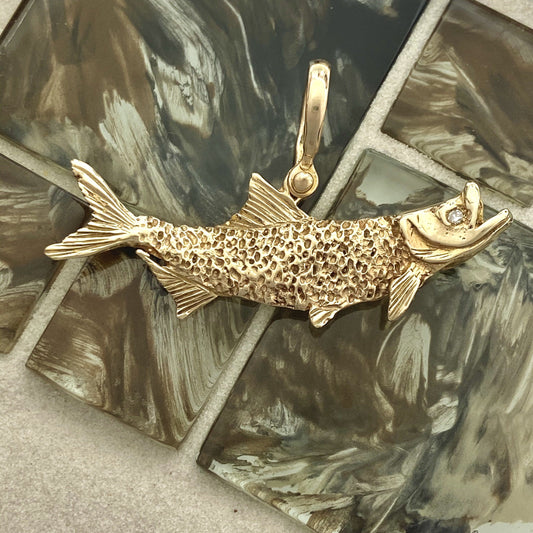 14k Yellow Gold Large Double Sided Tarpon With Diamond Eyes .15ct Pendant - DePaulas