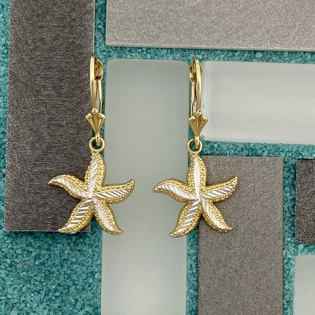 14k 2-Tone Gold Diamond Cut Starfish Leverback Earrings - DePaulas