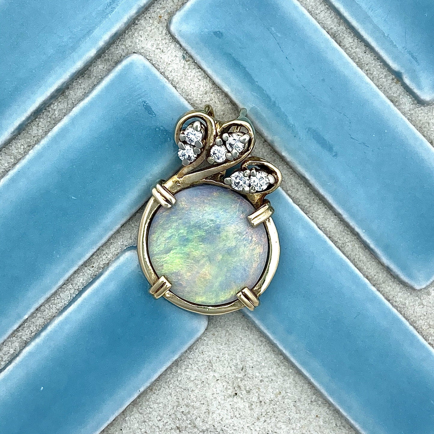 14k Yellow Gold Wrapped Opal 6.98ct with Diamonds .30cttw DePaula Hans Made Custom Pendant - DePaulas