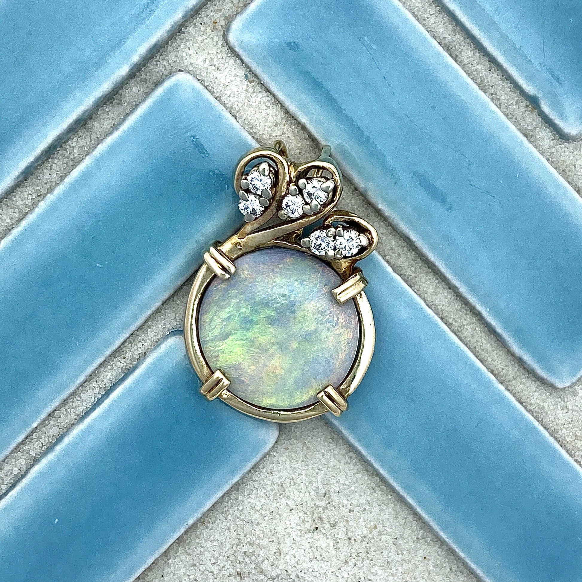 14k Yellow Gold Wrapped Opal 6.98ct with Diamonds .30cttw DePaula Hans Made Custom Pendant - DePaulas