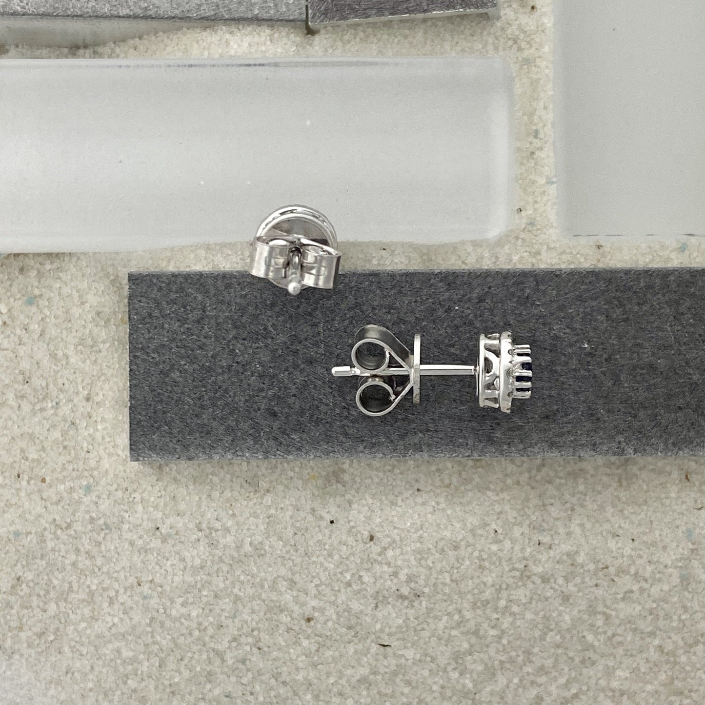 14k White Gold Sapphire .40cttw with Diamond Halo .17cttw Post Earrings - DePaulas