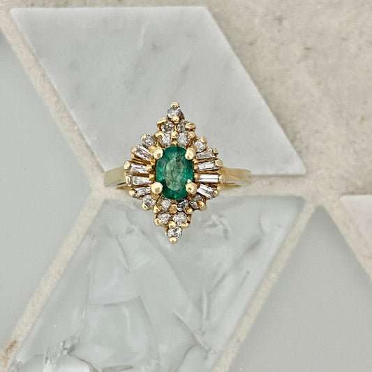 14k Yellow Gold Emerald And Diamond Ring Size 6