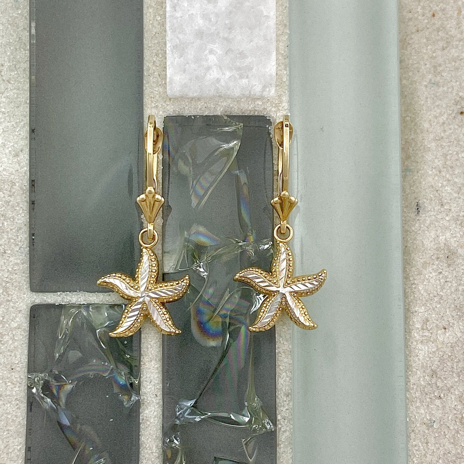 14k 2-Tone Gold Small Diamond Cut Starfish Leverback Earrings - DePaulas