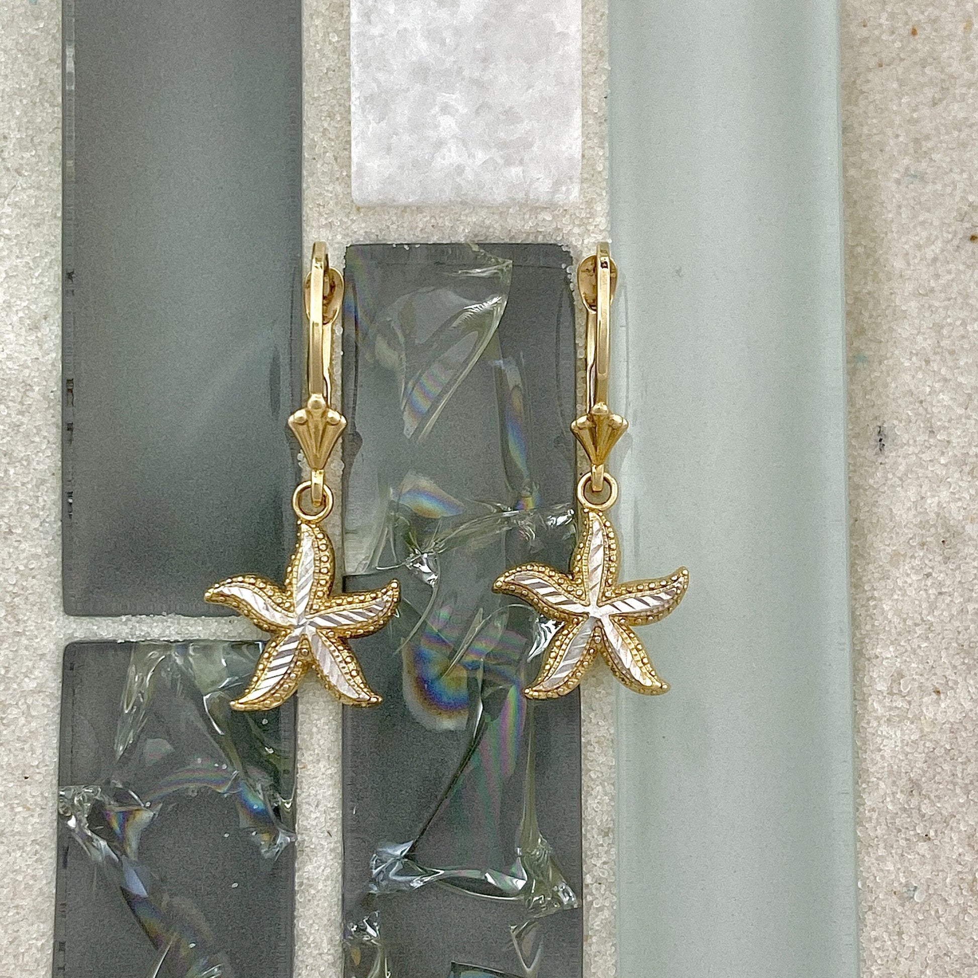 14k 2-Tone Gold Small Diamond Cut Starfish Leverback Earrings - DePaulas