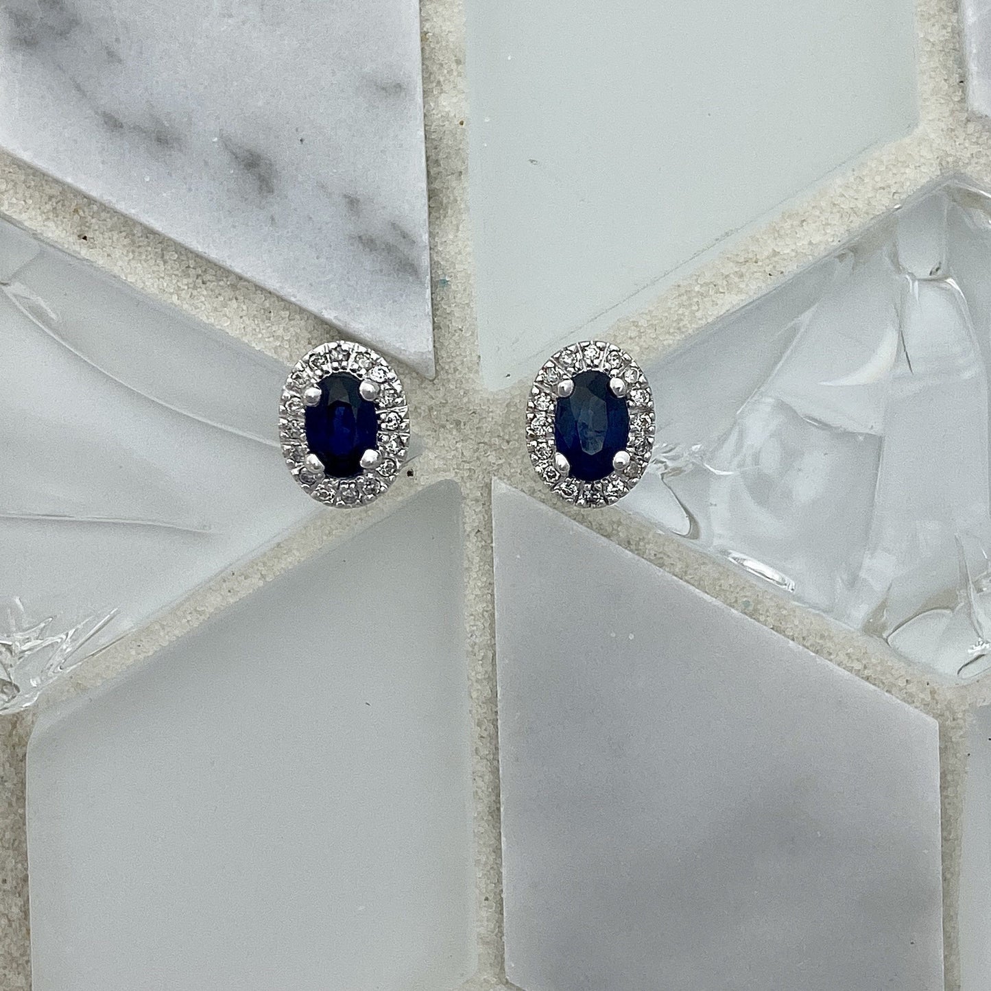 14k White Gold Oval Sapphire 1.04cttw With Diamond Halo .15cttw Post Earrings - DePaulas