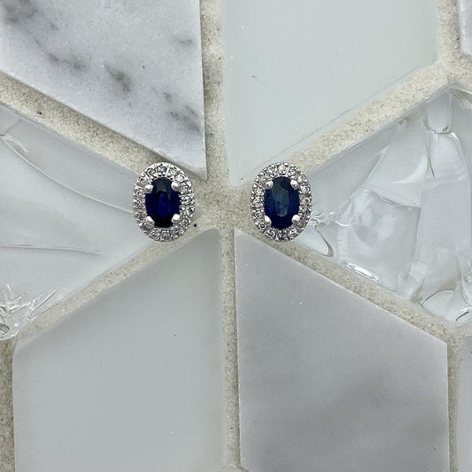 14k White Gold Oval Sapphire 1.04cttw With Diamond Halo .15cttw Post Earrings - DePaulas
