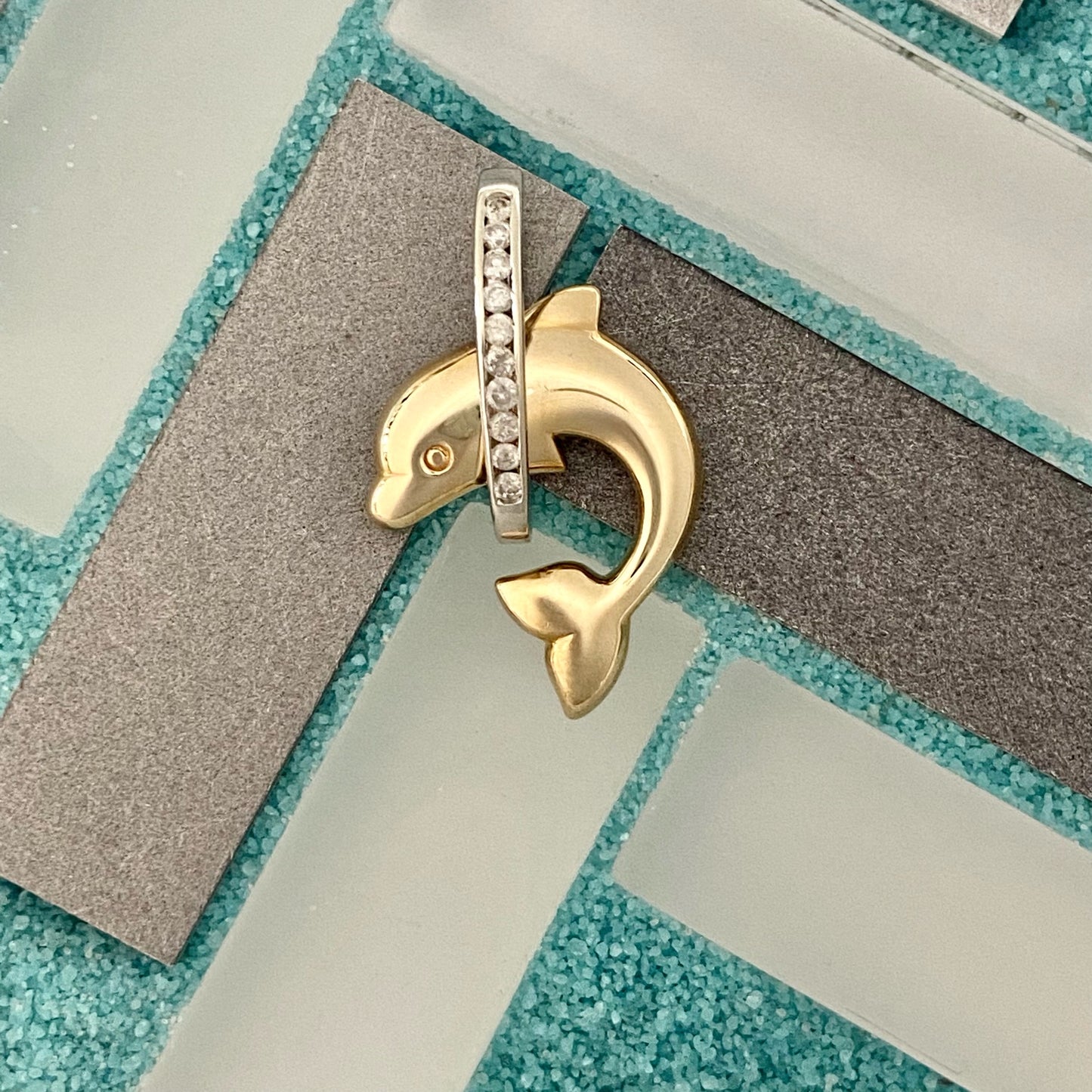 14k 2-Tone Dolphin Jumping Through .25cttw Diamond Hoop Pendant - DePaulas