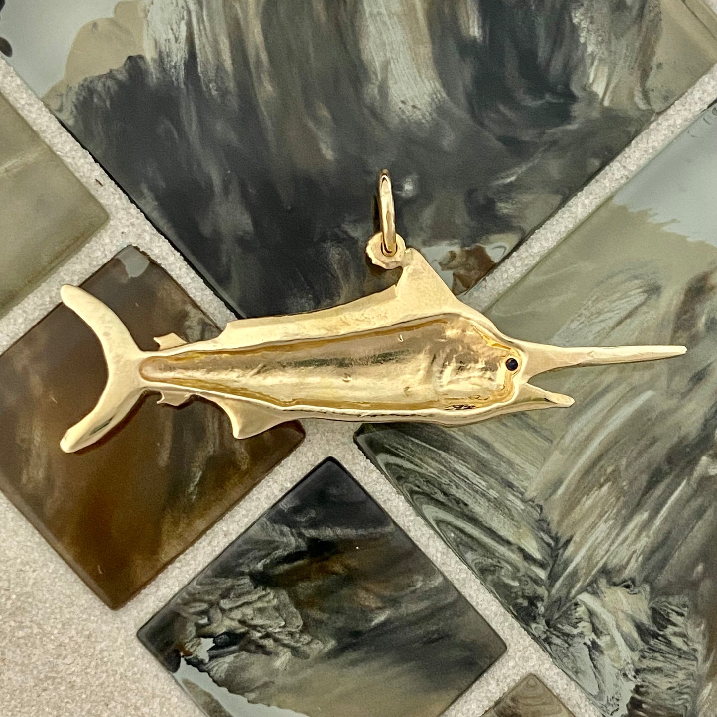 14k Yellow Gold Large Marlin With Sapphire Eye Pendant