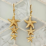 14k Yellow Gold Long Multiple Starfish Lever Back Earrings