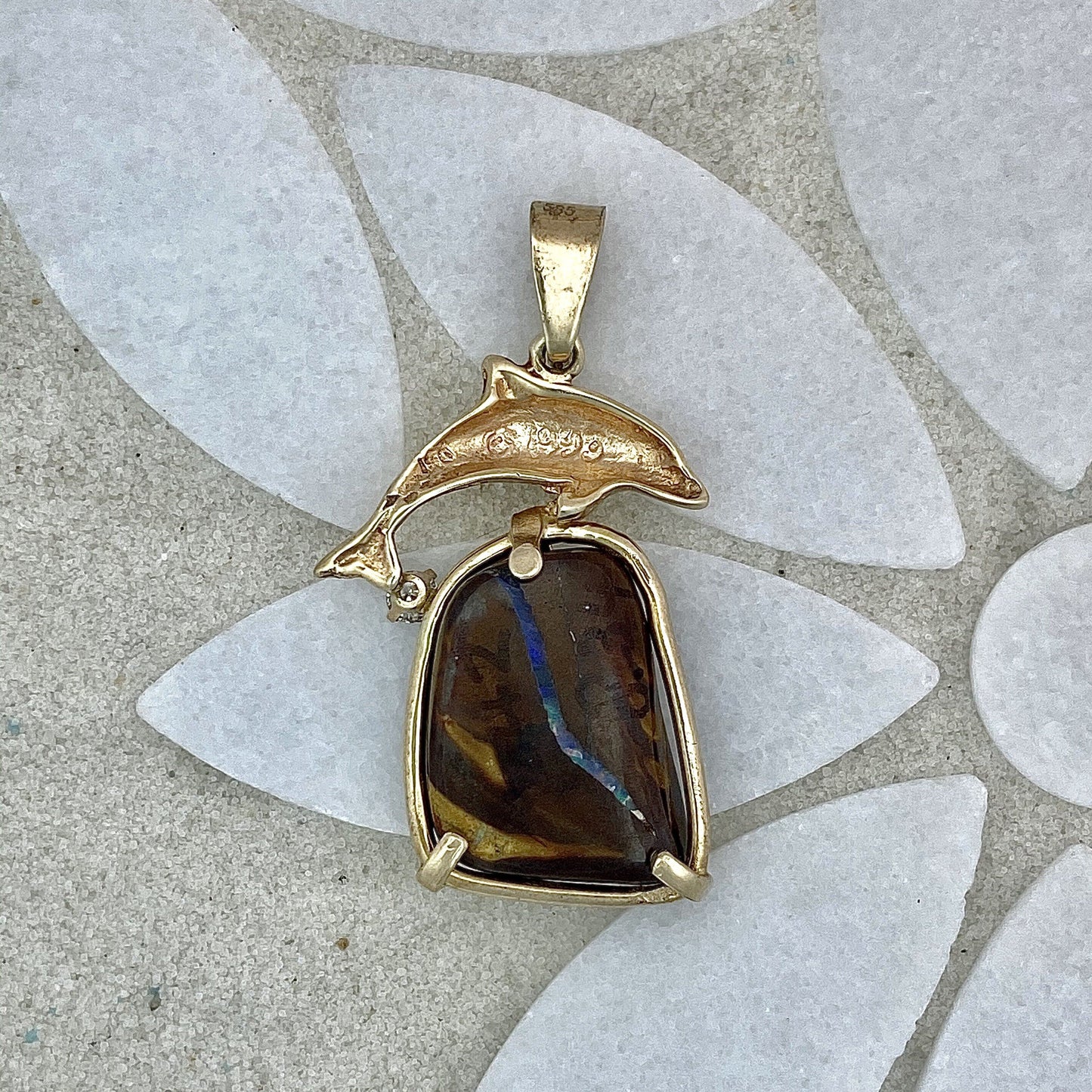 14k Yellow Gold Boulder Opal with Dolphin and Diamond Hand Made Pendant - DePaulas