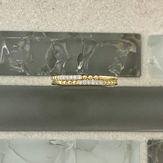 14k Yellow Gold Two Row Beaded .07cttw Diamond Stackable Ring Size 6.5