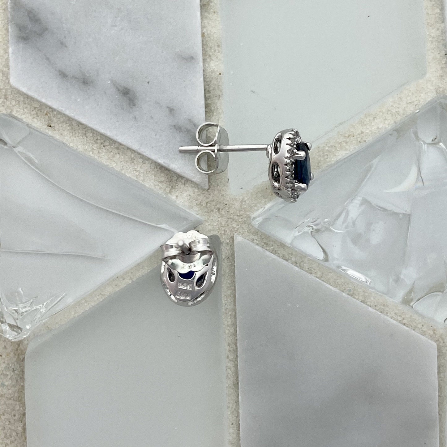 14k White Gold Oval Sapphire 1.04cttw With Diamond Halo .15cttw Post Earrings - DePaulas
