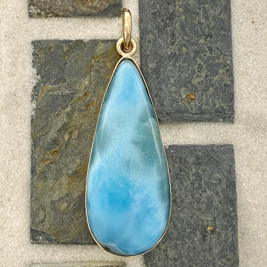 14k Yellow Gold Bezel Set Large Pear Shape Larimar Pendant