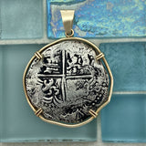 8 Reales Atocha Potosi Mint Grade 2 Assayer Q 14k Yellow Gold Bezel Treasure Coin Pendant